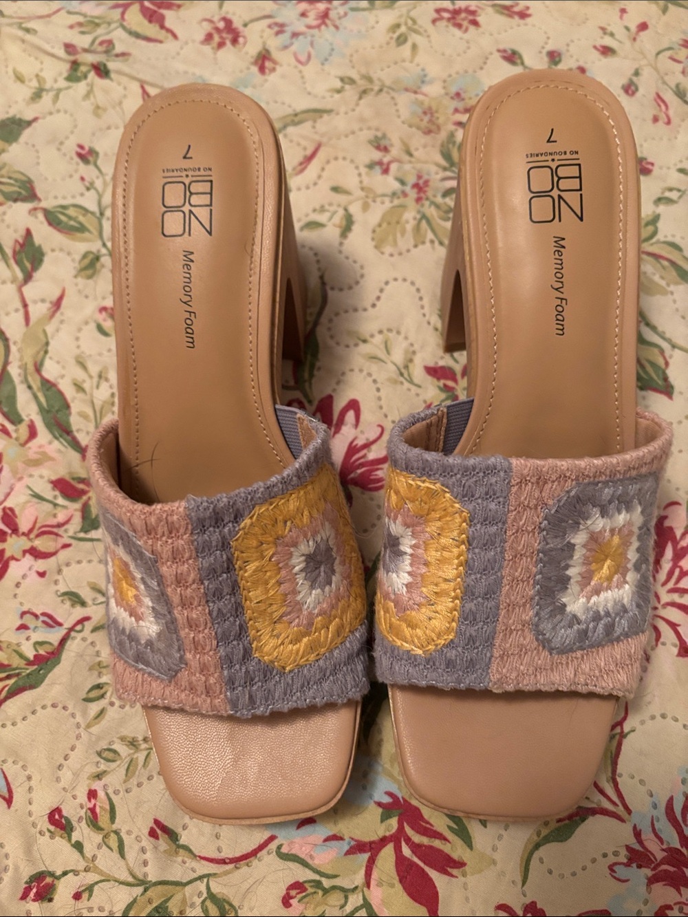 NOBO Pink Crochet Slide Heels with Yellow and Gray Motifs